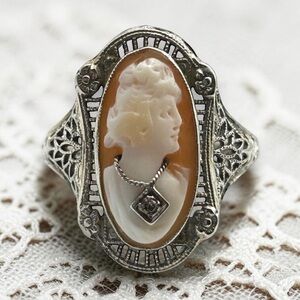 Antique Art Deco 14K White Gold Rectangular Carved Shell Cameo w/Diamond Size 6